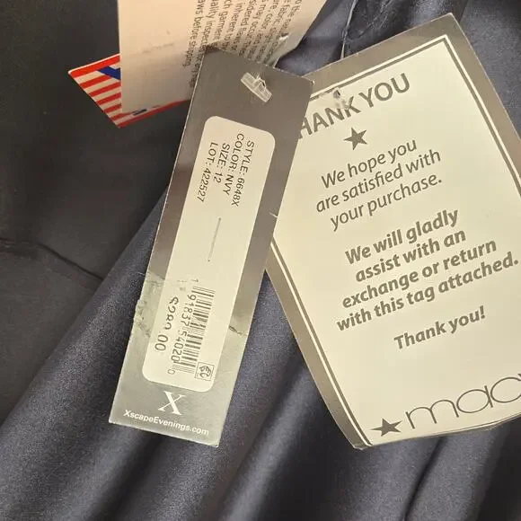 Women's Xscape Emery Satin Collar Long Sleeve Navy Dress W12 - Picture 3 of 7